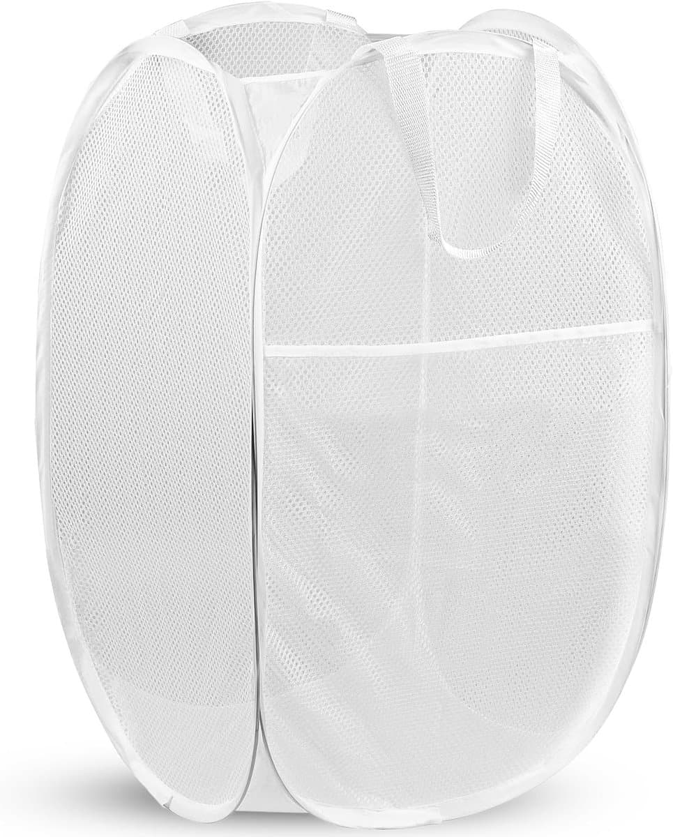 Ulisem - Wasmand - 70 liter opvouwbaar - 37x37x57 cm - Met zijvak - Wit - Polyester mesh materiaal - Ademend en duurzaam - Verstevigde handvatten - Draagbaar en ruimtebesparend - Geschikt voor thuis, reizen en slaapzaal — afbeelding 1