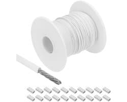 Cosensi - Metalen kabel van roestvrij staal 304 197 ft (60 m) - 3/64 inch (1 mm) met vinylcoating - inclusief 20 aluminium hulzen - voor wasrek en optillen - wit