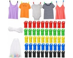 SnelShoppen - Set van 50 gekleurde sokkenklemmen met opbergtas en waslijn, perfect voor sokkenclips, sorteren en organiseren in de wasmachine en droge