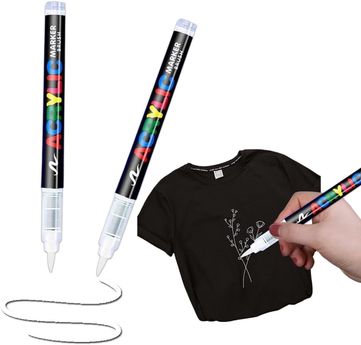 2 stuks witte textielstiften, wasmachinebestendig, zachte stift, 1-5 mm, textielmarkers, lichtechte en watervaste stiften, textielverf, permanente textielstiften voor T-shirt, stoffen zakjes — afbeelding 1