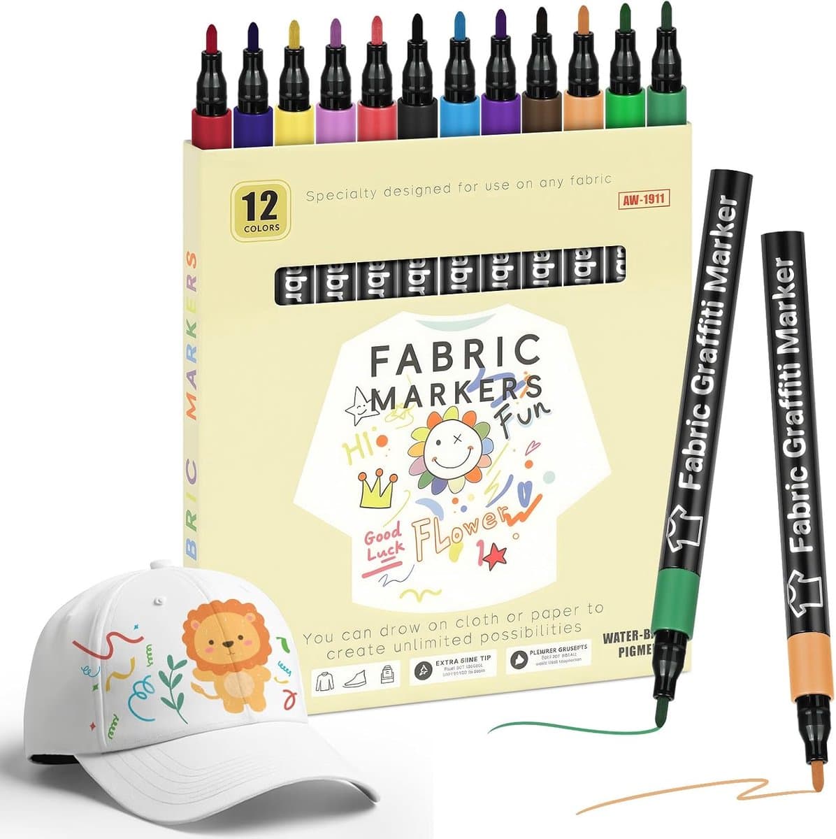 12 Textielstiften, Machinewasbaar, Niet-giftige Textielmarker, Wasbare Set met Fijne Punt, Textielverfstiften, Hobbystiften, Permanente Textielmarker Voor T-shirts, Jeans, Stoffen Tassen — afbeelding 1