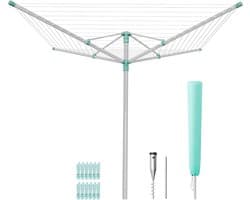 Draaibare Waslijn, In Hoogte Verstelbaar Kledingrek, Aluminiumlegering, Buiten, met Grondanker, Beschermhoes, Wasknijpers, Zilvergroen, 60 m Waslijn, voor 6 Wasbeurten LLR302E01V1