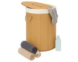 Lomera Bamboe Wasmand - Wasmand Met Deksel - 48 Liter Capaciteit - Ronde Wasmand - Natuurlijke Kleur - Afneembaar Deksel - Draaghengsels - Katoenen Waszak - Wasbare Zak - Metalen Ring Versteviging — afbeelding 1
