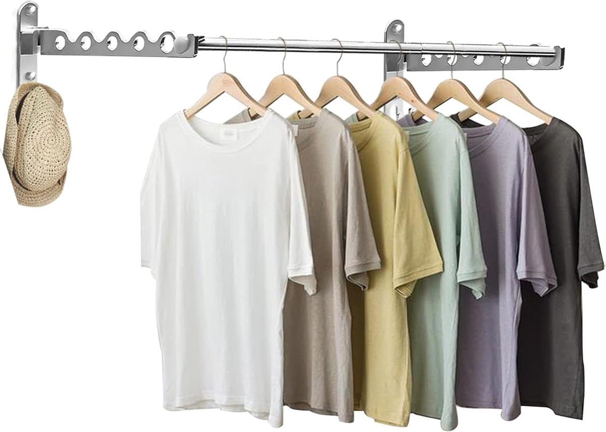 Droogrek voor Kleding Wandmontage - Ruimtebesparend Vouwrek incl. Intrekbare Staaf - Kleine Onzichtbare Opvouwbare Hanger voor Jas - Deurhangend en Opvouwbaar - Droogrek voor . — afbeelding 1