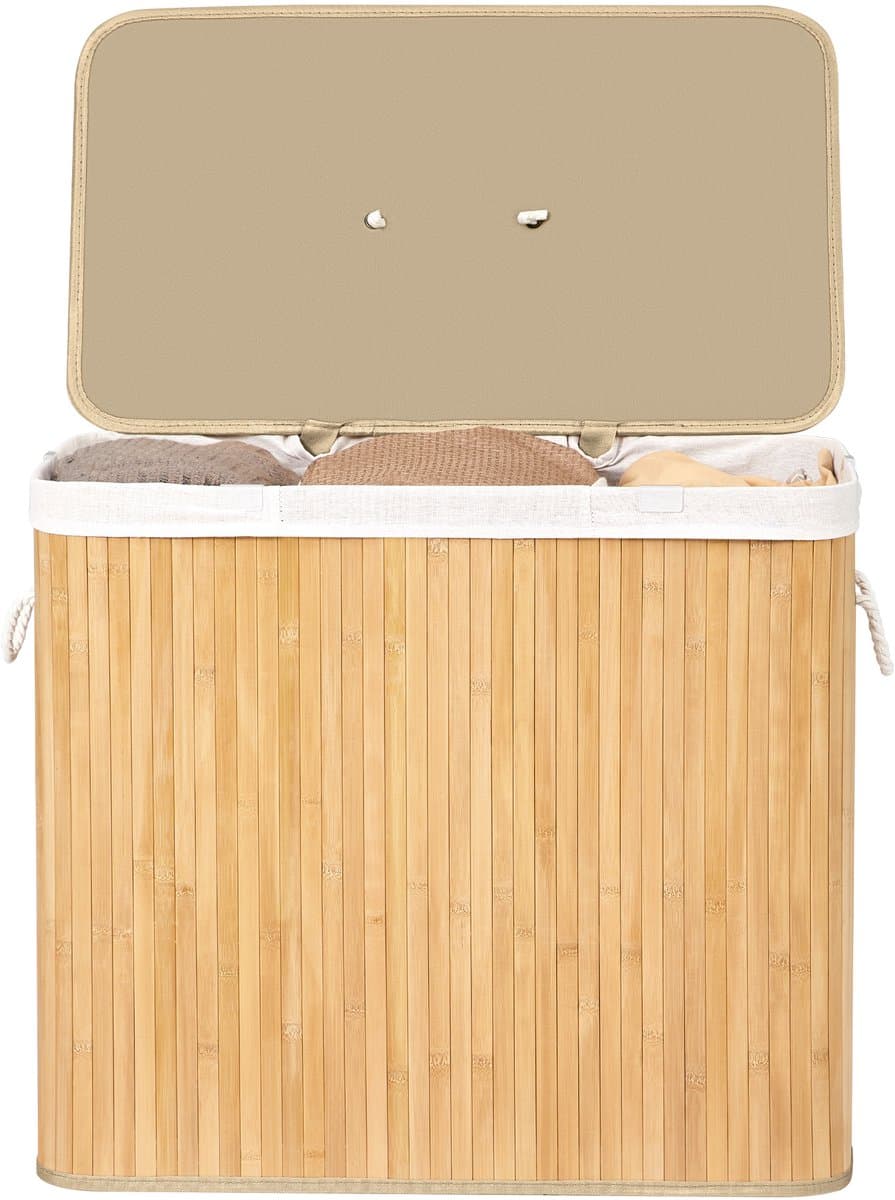 SONGMICS - Wasmand - Wasmand met Deksel - 3 Vakken - Uitneembare en Wasbare Waszak - Bamboe - Voor Wasruimte — afbeelding 1