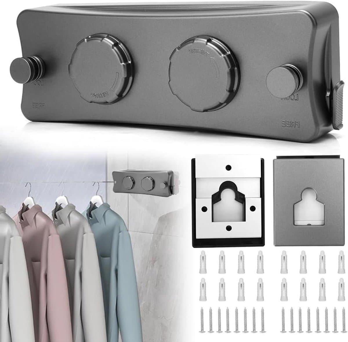 Waslijn Uittrekbaar - Intrekbaar Wasrek - Kleding Drogen - Dubbele RVS Lijnen - 2 x 5.2 Meter - Grijs — afbeelding 1