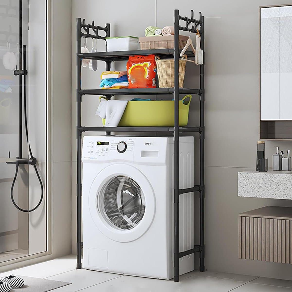 Opbergrek boven de wasmachine, rek voor wasmachine en droger, wasmachinerek met trommel, stapelbare wasmachinestandaard met rek en zijhaken, voor wasruimtes, appartementen en slaapkamers. — afbeelding 1
