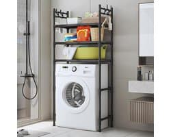 Opbergrek boven de wasmachine, rek voor wasmachine en droger, wasmachinerek met trommel, stapelbare wasmachinestandaard met rek en zijhaken, voor wasruimtes, appartementen en slaapkamers.