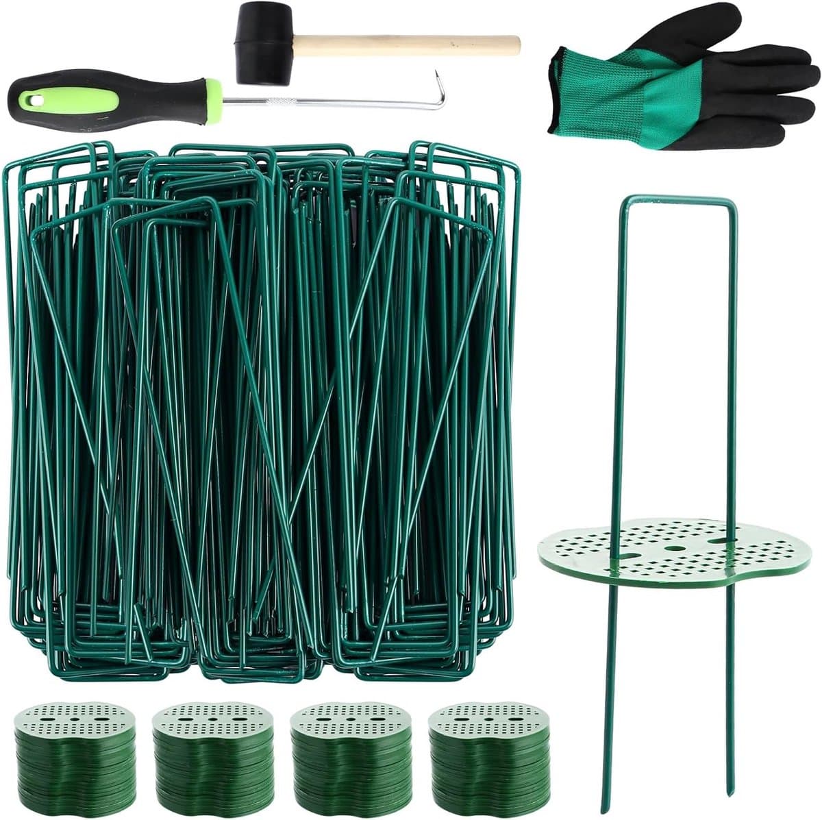 100 Grondankers met 100 Bufferdiscs, 150 x 35 mm, Roestvrij Gegalvaniseerde U-vormige Pinnen voor Tuin, Onkruidbestrijding en Tentbevestiging met Hamer en Handschoenen — afbeelding 1
