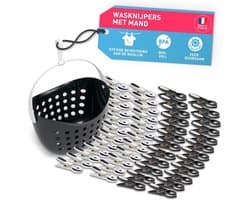 Wasknijpers met mand - Zachte clips - Was ophangen - Laat geen sporen achter - 40 stuks - Wit zwart