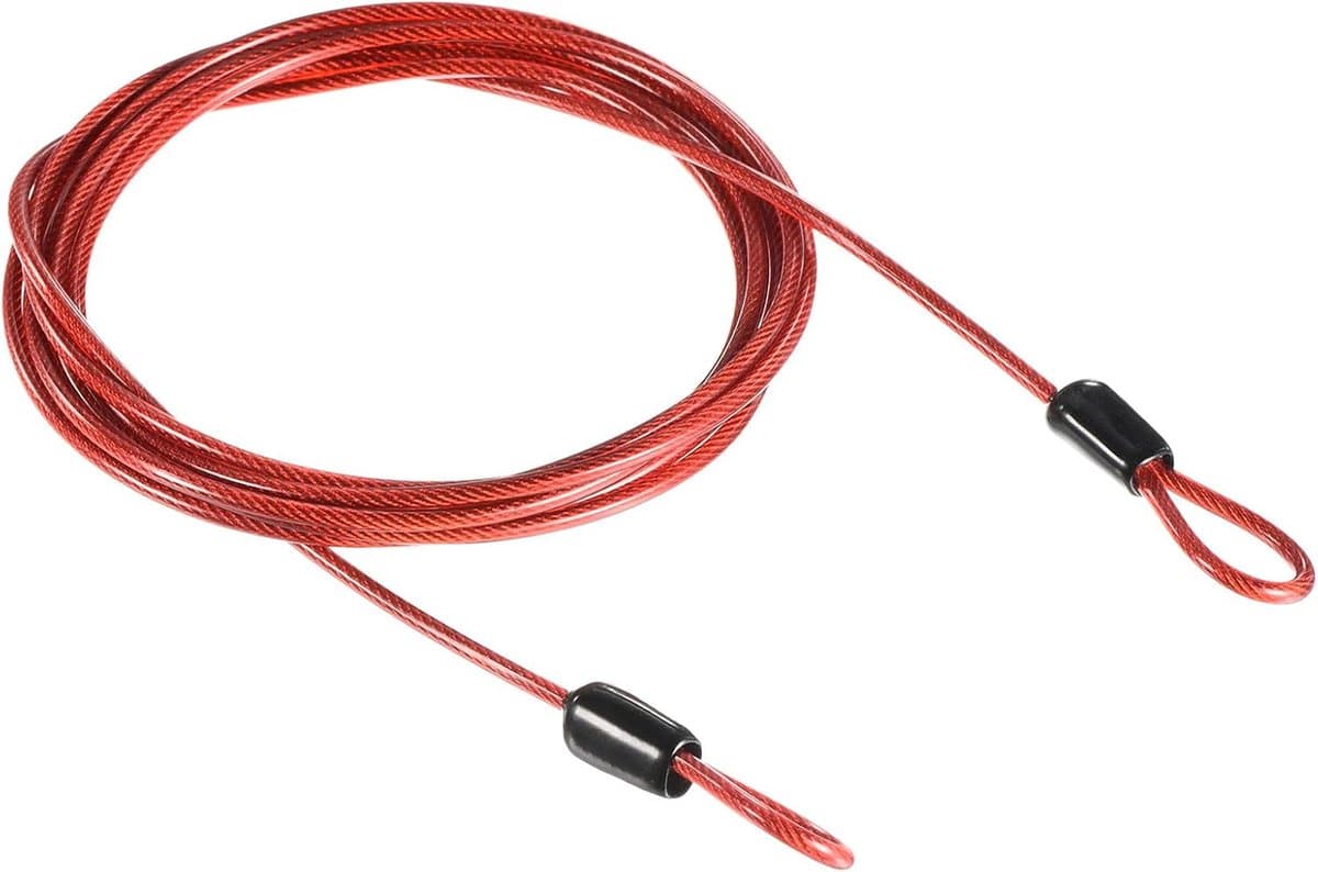 Veiligheidsstaalkabel – 2,5 mm x 2 m gecoate staalkabel voor bagagesloten (met dubbele lus, rood) — afbeelding 1