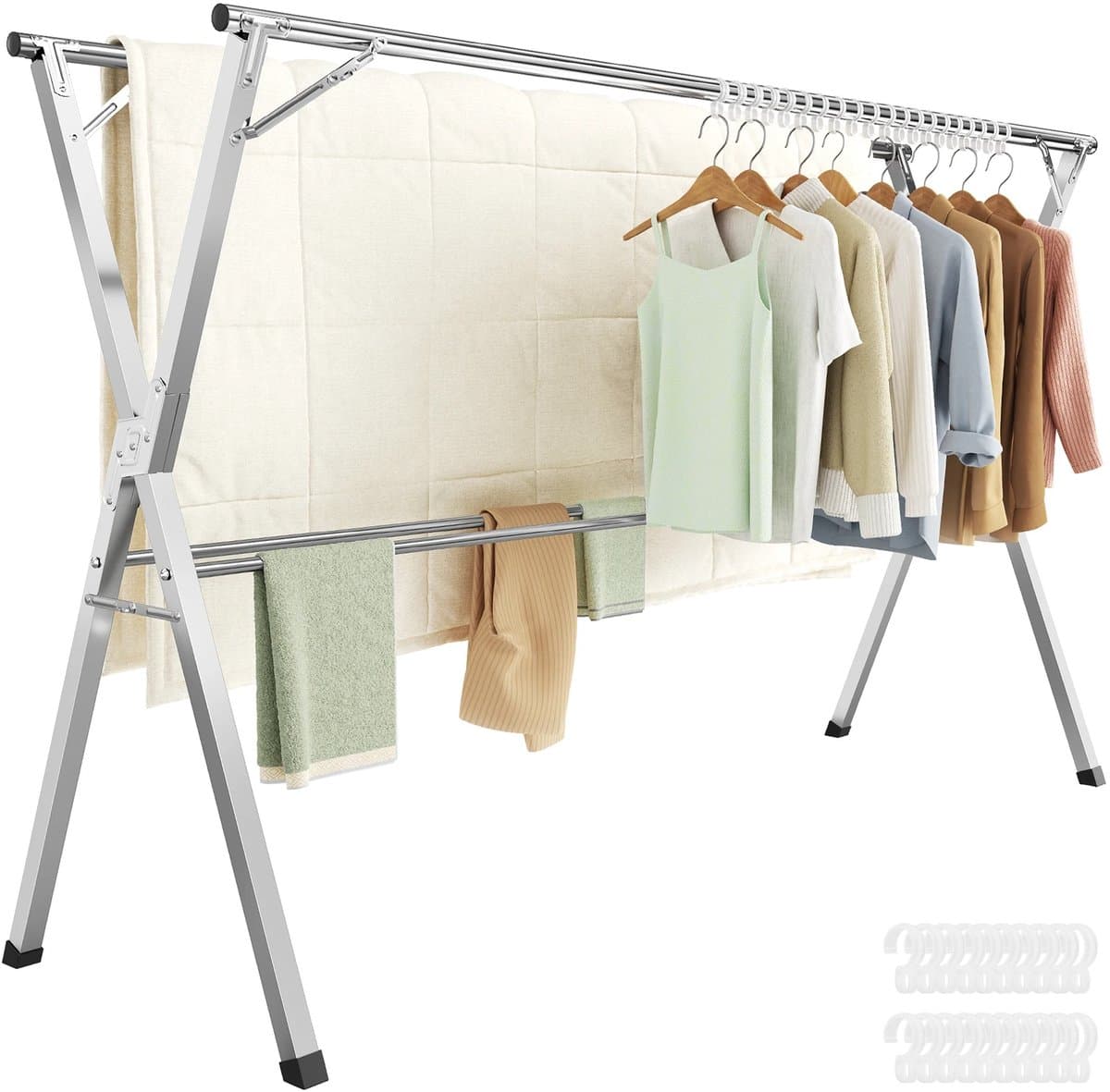LUMÈ STORE Droogrek Inklapbaar – Uitschuifbaar Wasrek 133-200 cm – Staand Kledingrek – RVS Metaal – 50 kg Draagvermogen - Zilver — afbeelding 1