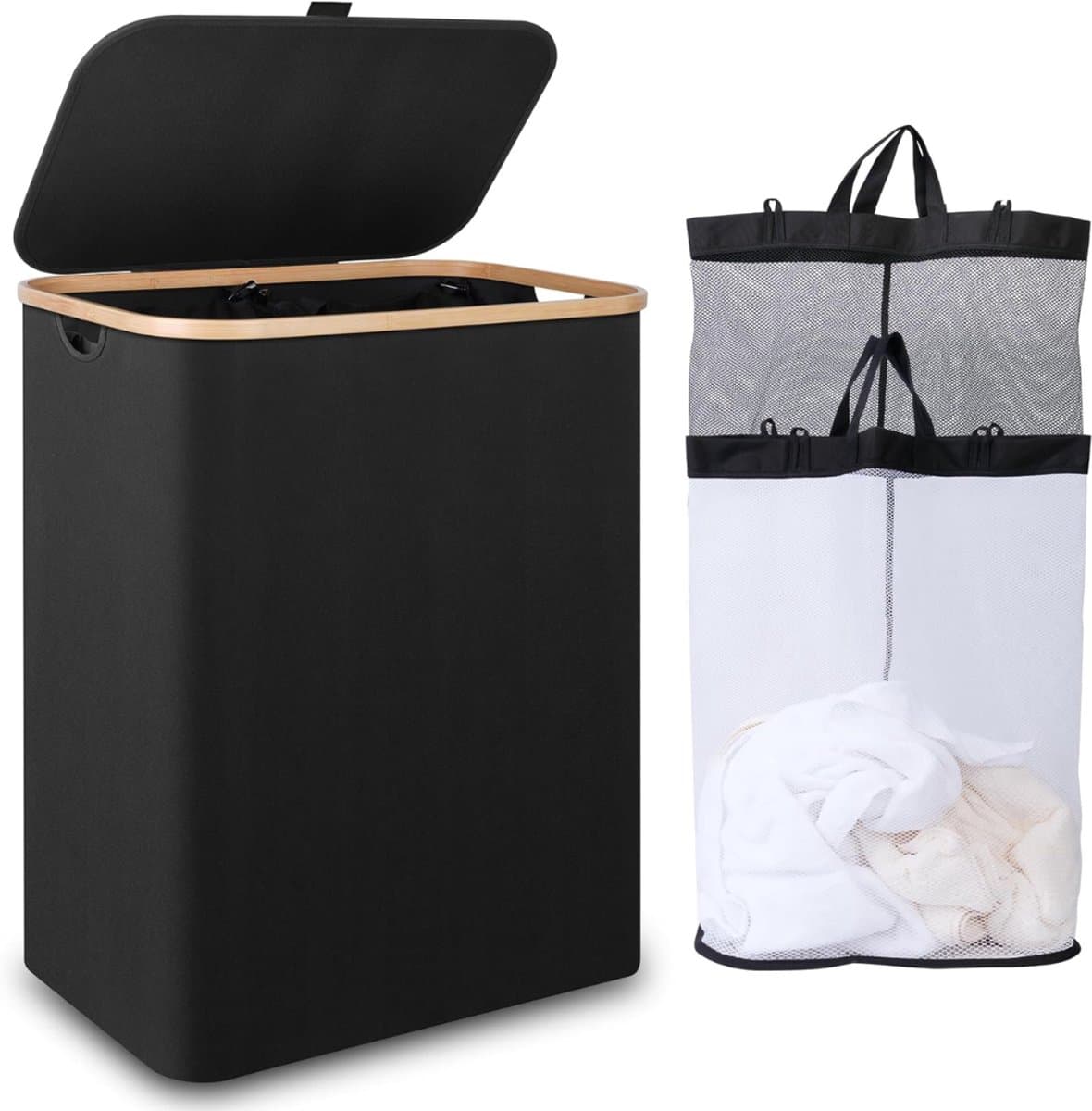 REN® Wasmand 2 Vakken - Wasmand - Wassorteerder - Zwart - 57cm x 37cm x 70cm — afbeelding 1