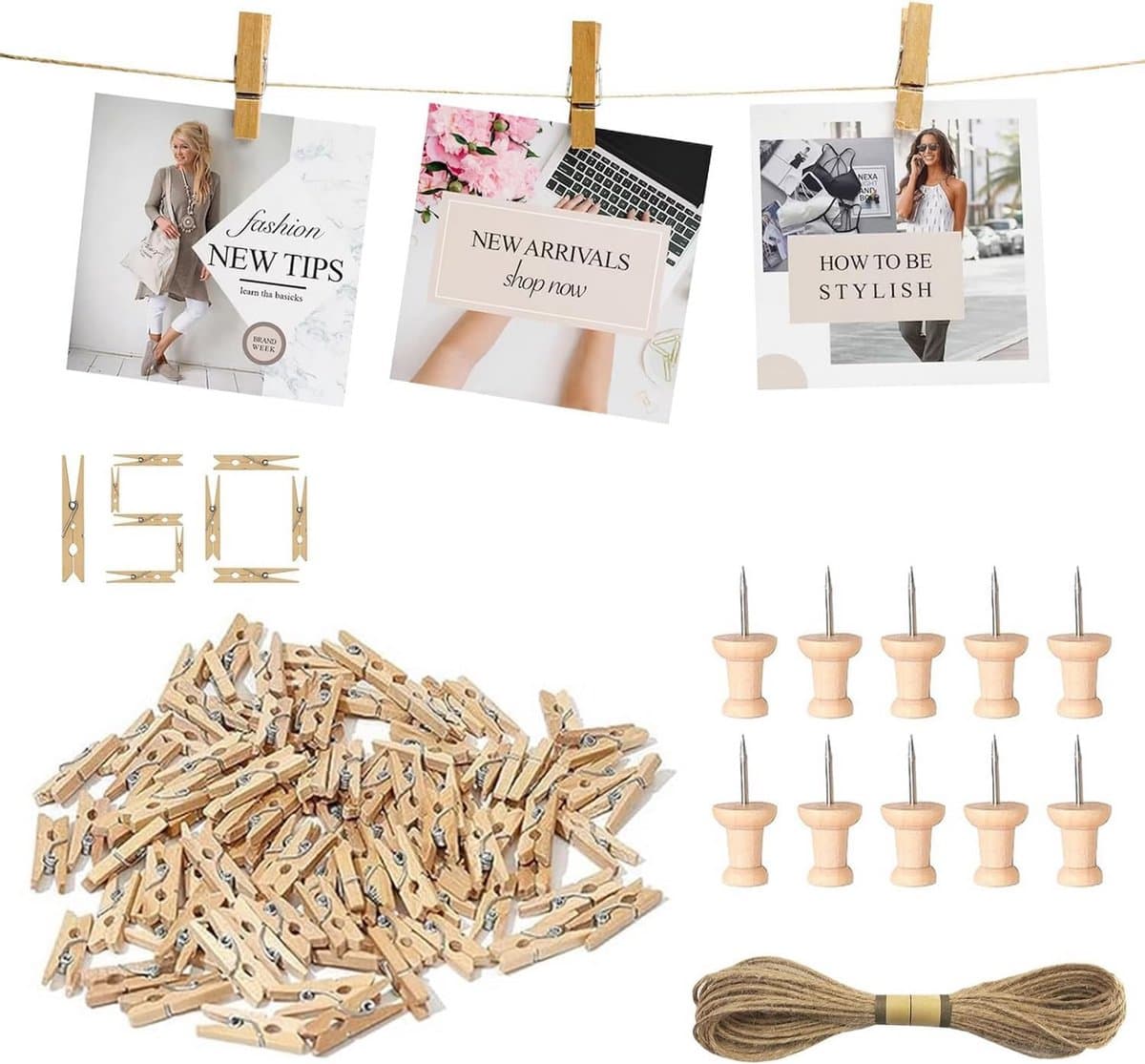 150 Mini Houten Knijpers Set met 10m Jute Touw en Spijkers - Decoratieve Klemmen voor Foto's en Knutselen — afbeelding 1