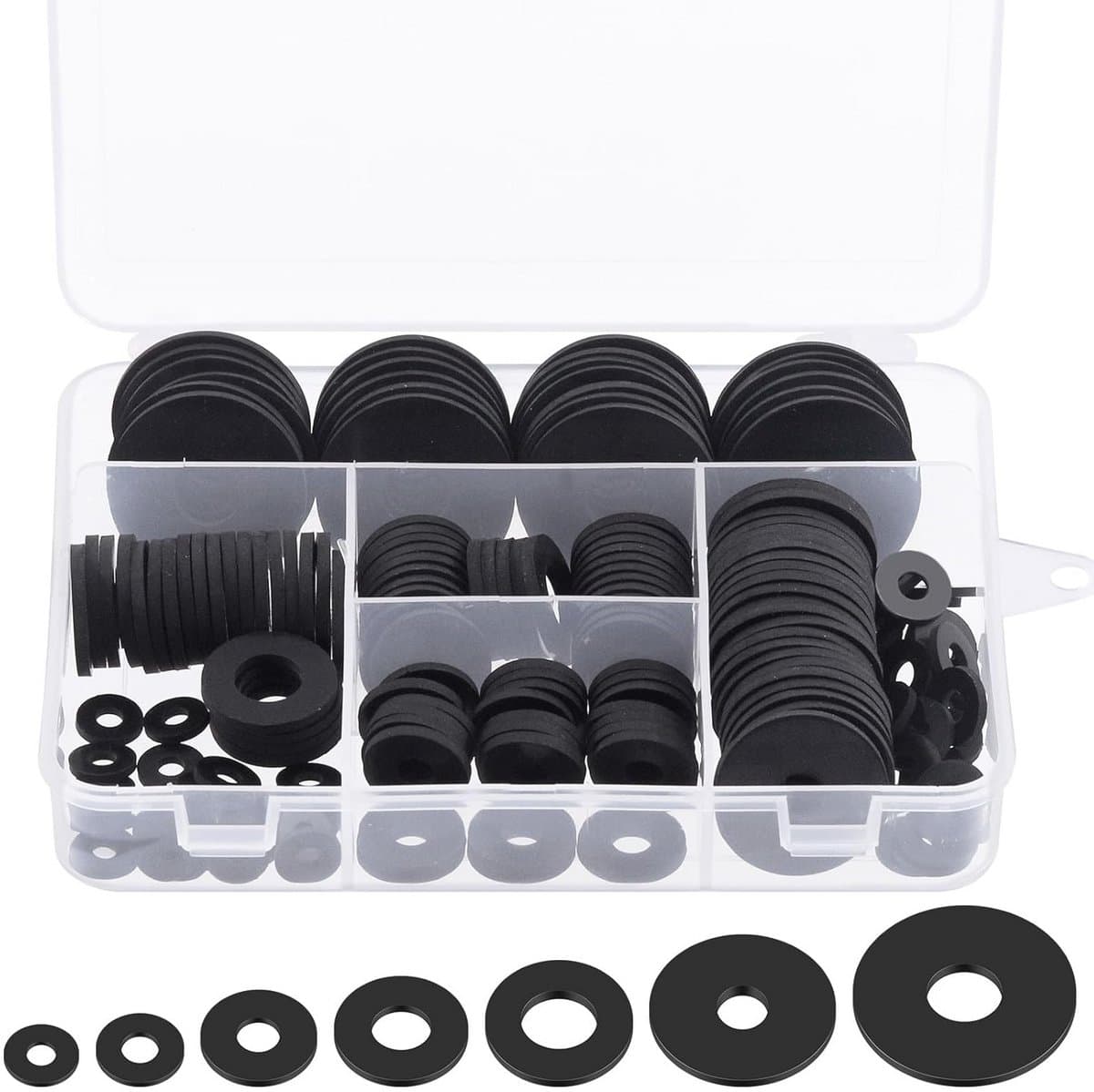 Assortiment set van 175 stuks vlakke rubber washers - 7 maten voor lek- en trillingsdemping — afbeelding 1