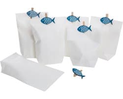 12 Witte Papieren Zakjes met Blauwe Houten Vissen Decoratieclips