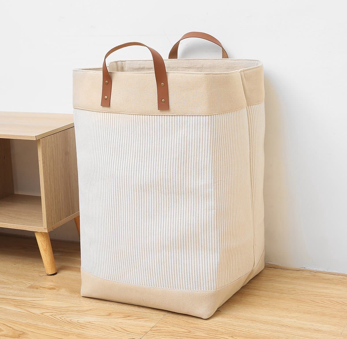 Webzon – Wasmand – Wasmanden – Wasmand inklapbaar – Opvouwbare Wasmand – 30×35×55 cm – Engels design – Jute stof met leren handvatten – Opbergmand – Opvouwbaar en ruimtebesparend – Creme-beige — afbeelding 1