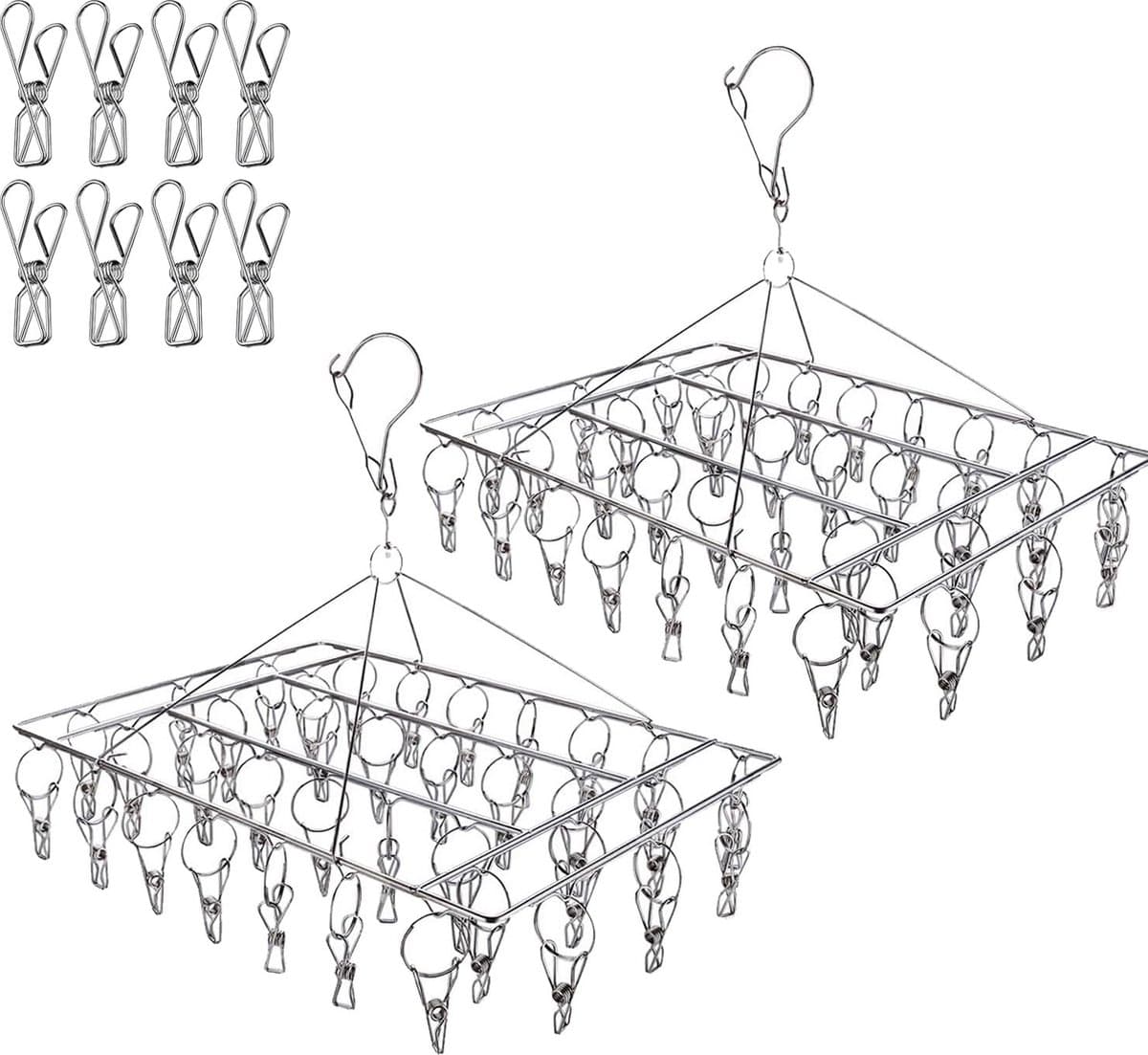 Goodivery ® 2 stuks roestvrijstalen sokken-drogers, wasrek, draaihaak, winddicht, kleerhangers voor sokken, ondergoed, beha's, babykleding, handschoenen (met 8 reserveclips) — afbeelding 1
