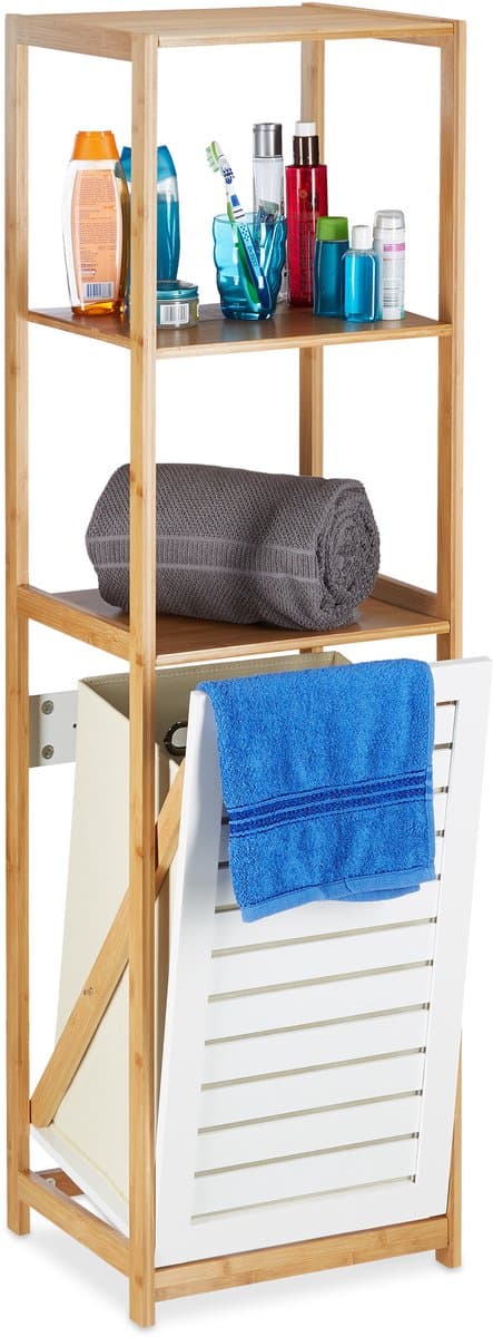 badkamerrek met wasmand - 130 x 37 x 33 cm - 3 vakken - vrijstaand - smal - natuur — afbeelding 1