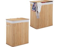 2x wasmand bamboe - 2 vakken - wassorteerder - 95 liter - opvouwbaar - deksel