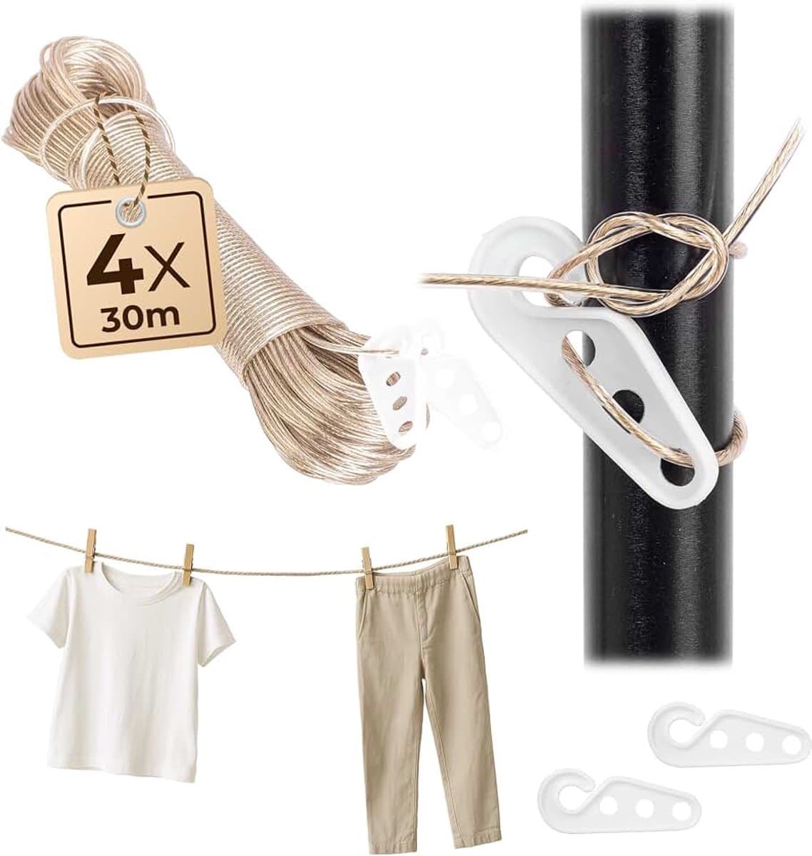 4 x Waslijn 30m, 2mm waslijn met stalen kern en kunststof ommanteling, weerbestendig wastouw voor balkon, tuin & camping, extra sterke lijn — afbeelding 1