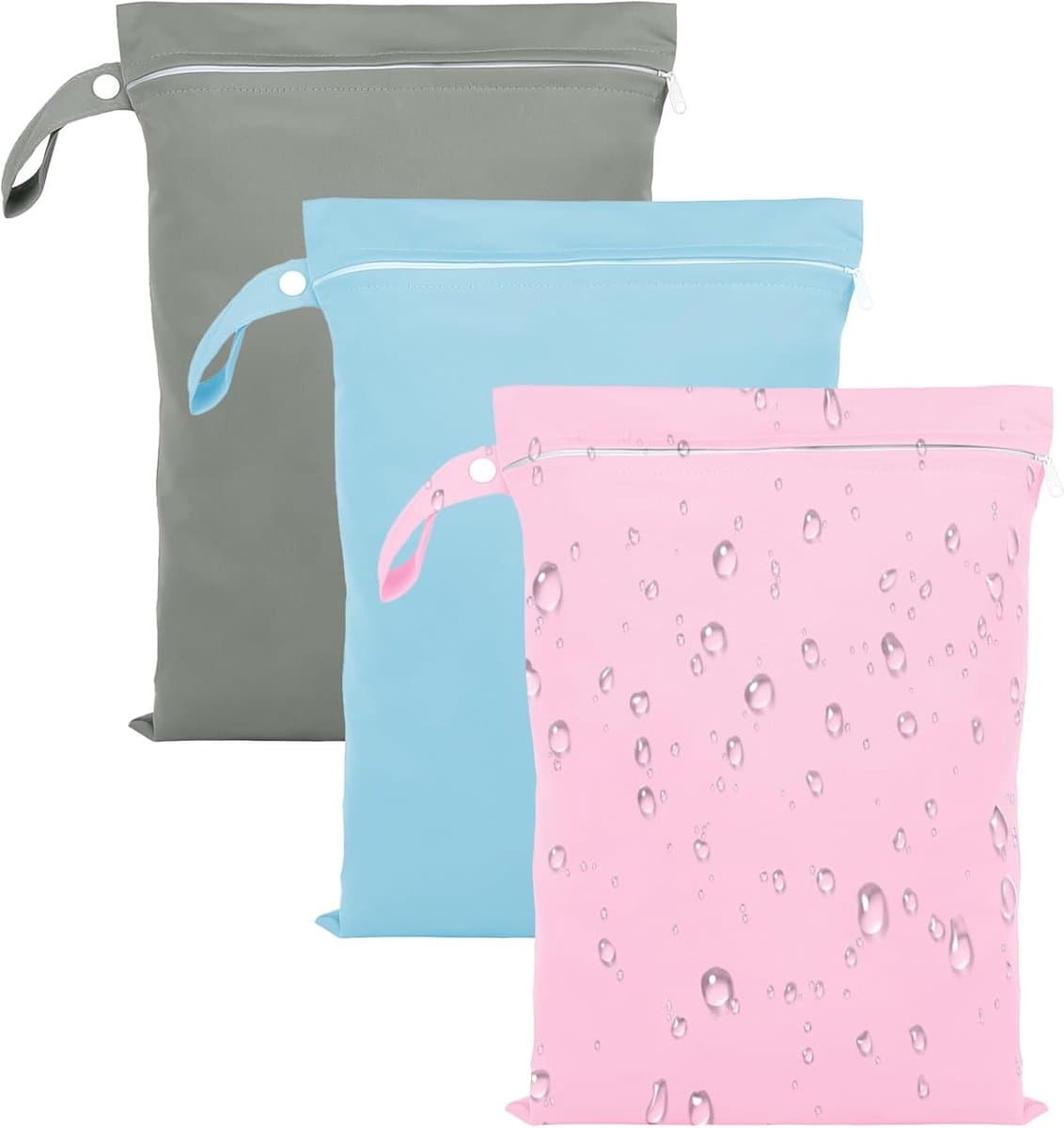 3-delige wetbagset, waszakken van 40 x 30 cm voor zwemkleding, waterdichte wetbag met ritssluiting, herbruikbare reiswetbag voor zwemkleding, strandhanddoeken (grijs, blauw, roze) — afbeelding 1
