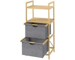 Pugsdrly Bamboe wasrek, met 2 stoffen wasmanden, open vakken, ruimtebesparend, naturel hout