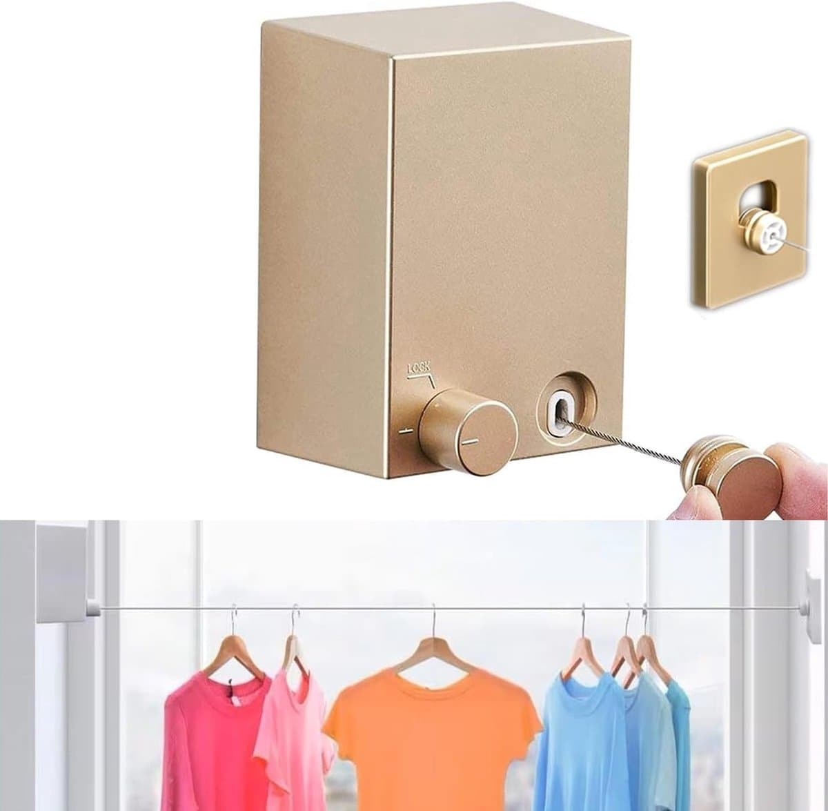 Extendable 4.2 m Wall Mounted Clothesline - Non Sagging Stainless Steel Portable Inner Sliding Clothesline (Gold) — afbeelding 1