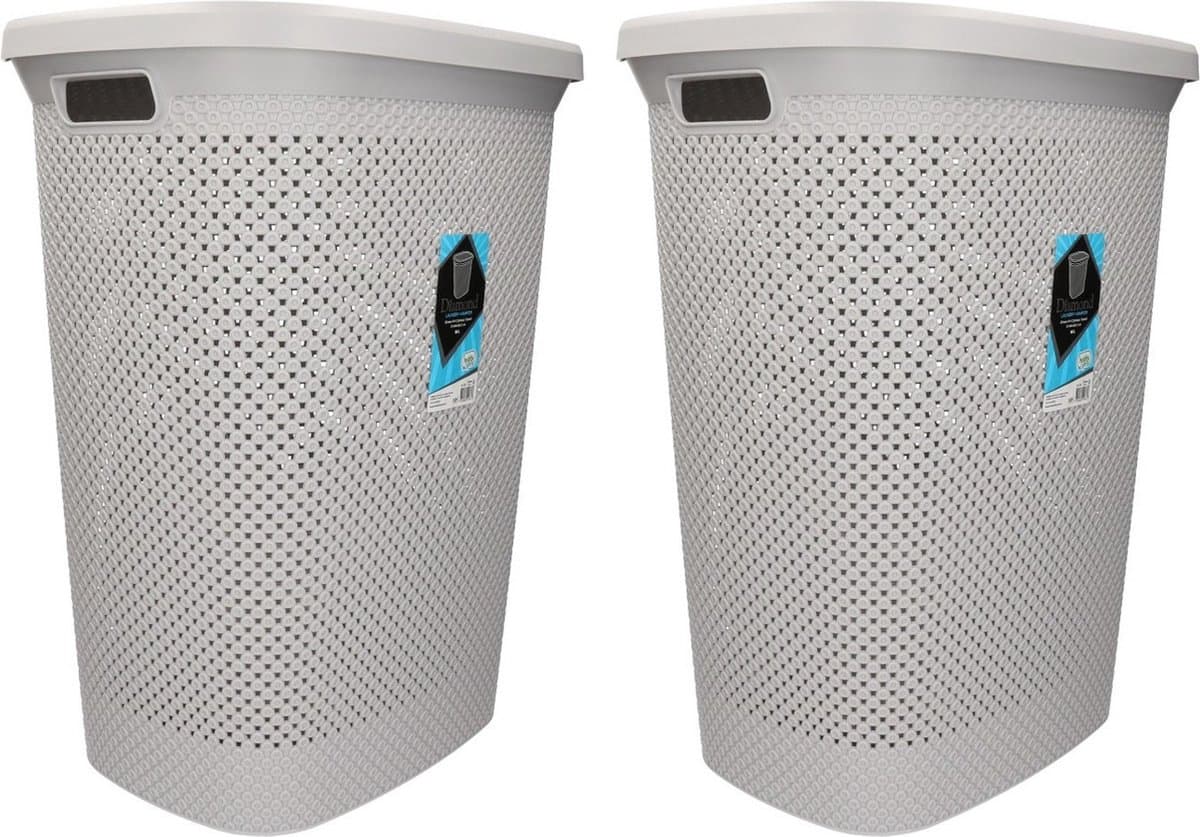 Wasmand - 2x - met deksel - grijs - 60 liter - kunststof - wasmanden - Huishoudelijke producten — afbeelding 1