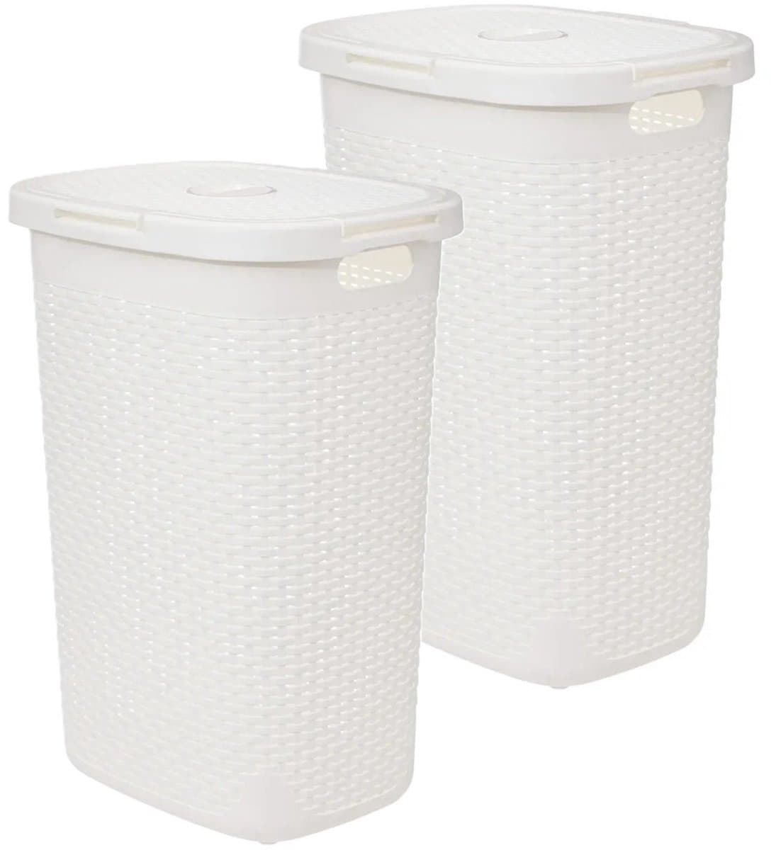 5Five Wasmand met deksel Rotan - 2x - wit - gevlochten kunststof - 60 liter - 45 x 35 x 66 cm — afbeelding 1