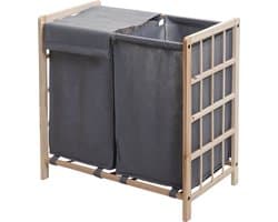 Wasbak MCW-B60, Wasbox wasmand, massief hout 2 vakken 60x60x33cm 68l ~ lichtbruin, grijs deksel