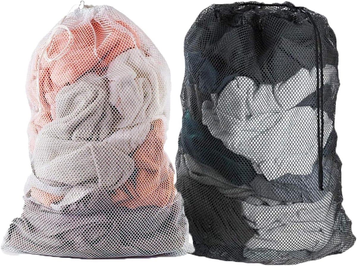 MK Stoer -Wasmachinetas - Herbruikbare waszak - Extra groot - Trekkoord - Kleding opbergen - Geschikt voor wasmachine - Wit/Zwart - 2 stuks grote wasmachinetassen, 60 x 90 cm, herbruikbare reistas met trekkoord, opbergzak voor kleding. — afbeelding 1