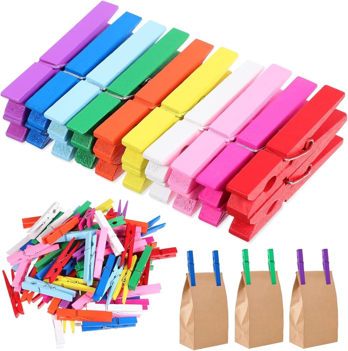 Pack of 100 Coloured Clothespins Christmas Clips Natural Wood Closing Needles Multi Clips for Hanging Clothes Pictures Wooden Clothes Pegs Decorative Clips — afbeelding 1