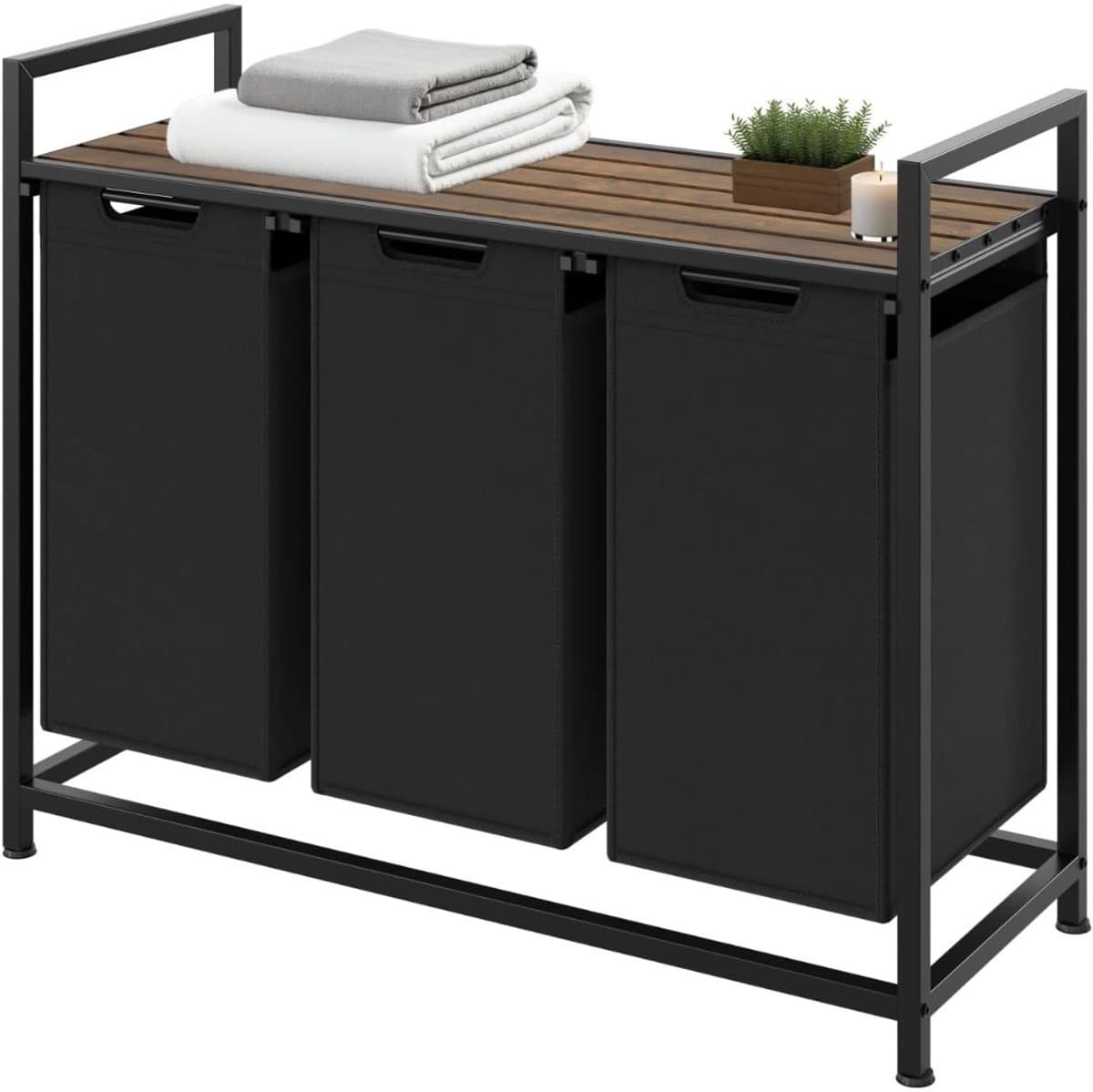 DnA® Wasmand 3 Vakken - Wasmand - Wassorteerder - Wasmand Met Deksel - Zwart - 94cm x 34cm x 72cm — afbeelding 1