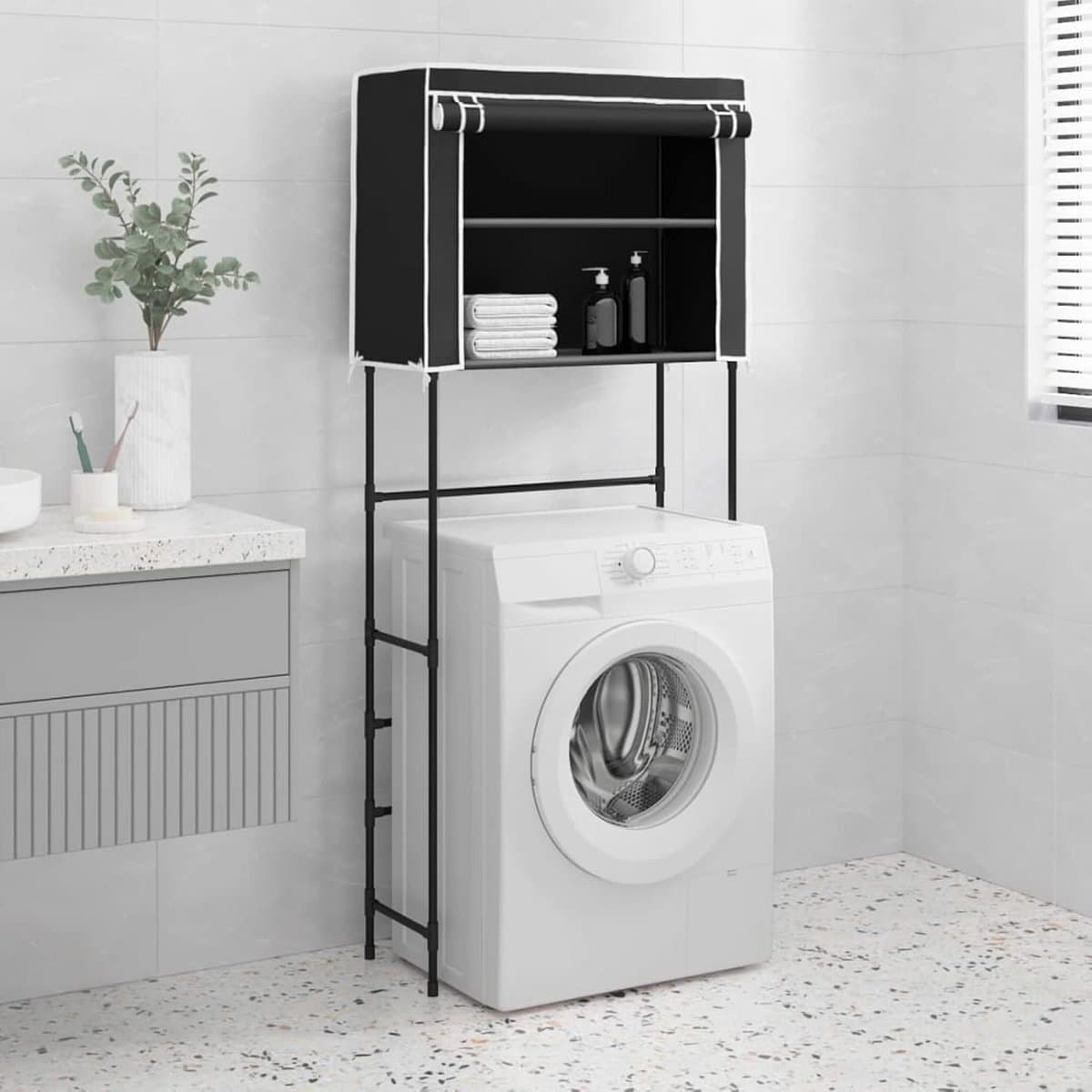 Hoge Badkamerkast Boven Wasmachine - Opbergrek met 2 Planken en Gordijn - Zwart — afbeelding 1