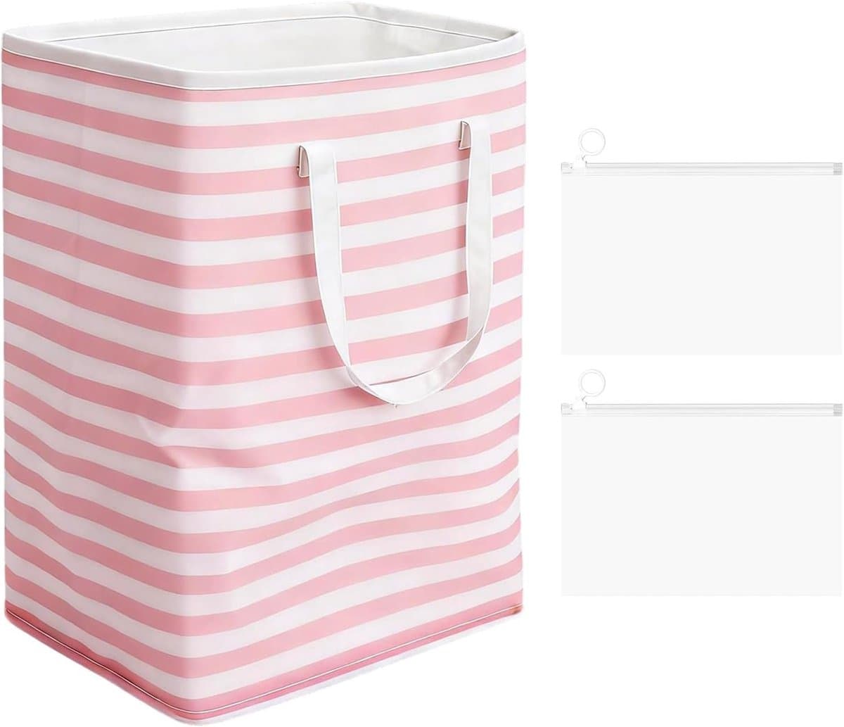 Vouwbare Wasmand met Roze Strepen en 2 Ritsopbergzakken, Ideaal voor Slaapkamer en Badkamer, Ruime Wasverzamelaar voor Studentenhuizen — afbeelding 1