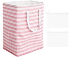 Vouwbare Wasmand met Roze Strepen en 2 Ritsopbergzakken, Ideaal voor Slaapkamer en Badkamer, Ruime Wasverzamelaar voor Studentenhuizen