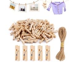 Dailygoods- Wasknijpers 150 Stuks - Kleine Houten Knijpers 3.5cm - Draagbare Knijpers voor Kleding/Foto's - Jute Touw 10m - Perfect voor Decoratie