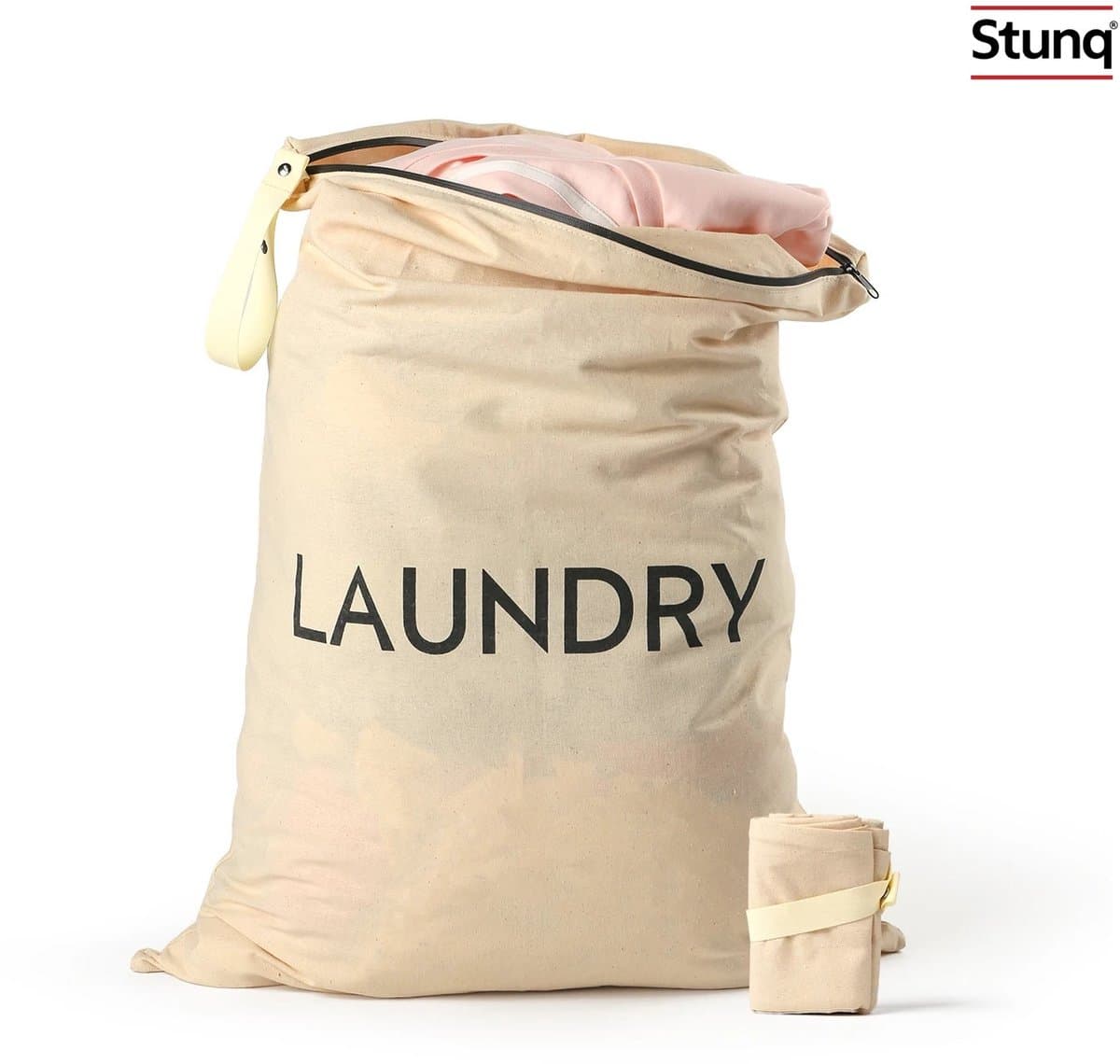 Stunq® Opvouwbare Katoenen Waszak met Rits en Draaghengel – Naturel, Waterafstotend en Schimmelwerend — afbeelding 1