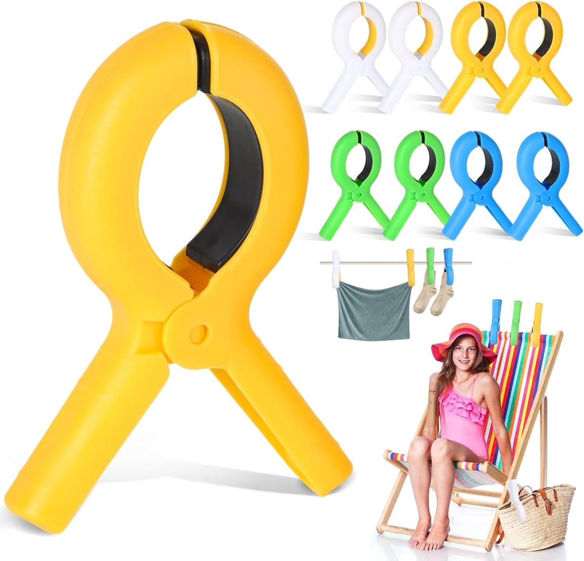 8 stuks handdoekklemmen voor strandstoelen, wasknijpers, groot, in 4 kleuren, knijpers voor strandstoelen, handdoekklemmen voor dagelijks wasgoed, badhanddoeken, beddengoed, dikke kleding — afbeelding 1
