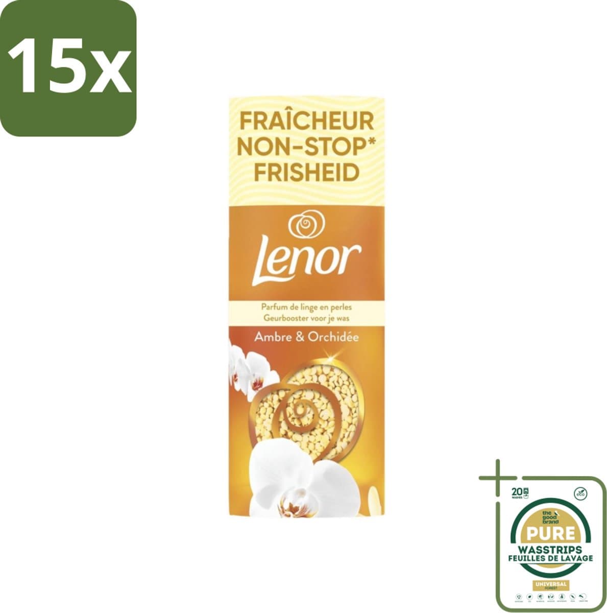 15 x Lenor – Geurbooster – Amber & Orchidee – 12 Wasbeurten – 155 g - Grootverpakking - Geurparels - Wasgeur - Luxegeur - Orchidee - Vanille — afbeelding 1