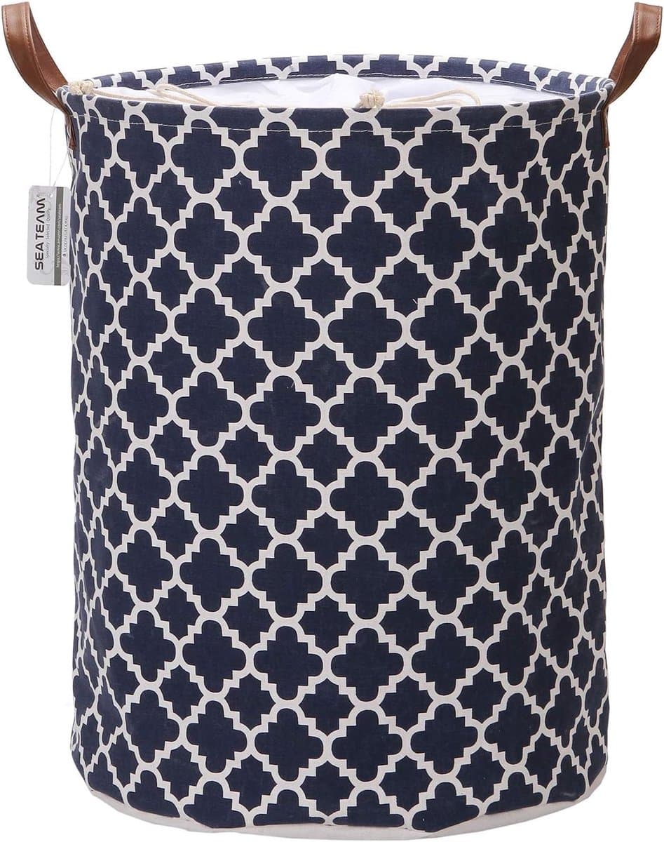 Team Marokkaans roosterpatroon Wasmand Canvas Wasmand Opvouwbare opbergbak met PU-lederen handgrepen en trekkoordsluiting, 19,7 bij 15,7 inch, waterdichte binnenkant, donkerblauw — afbeelding 1