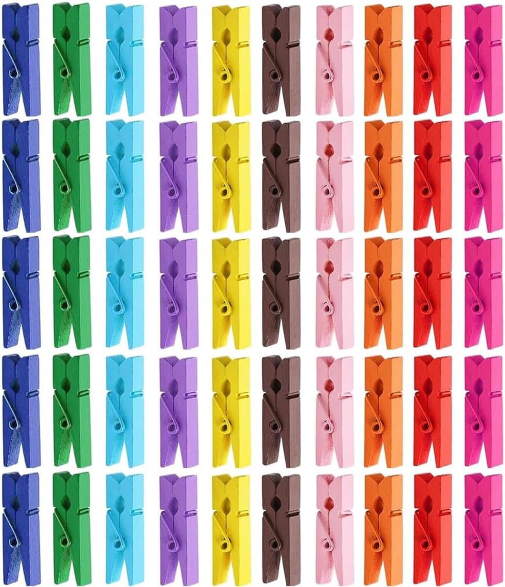 SnelShoppen - 50 Stuks Kleurrijke Houten Wasknijpers, Mini Knijpers in 10 Kleuren voor Fotowand, Decoratie, Knutselen, Feest, Geschenken, Natuurlijke — afbeelding 1