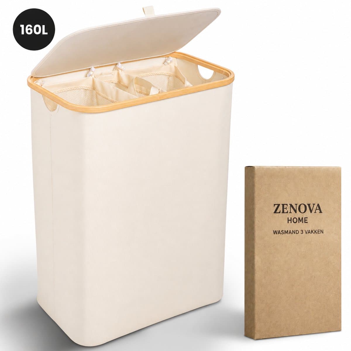 Wasmand 3 vakken - 160L - Beige - Wassorteerder - 3 Uitneembare Waszakken - Wasmand 3 Vakken Met Deksel - Wassorteerder 3 Vakken — afbeelding 1