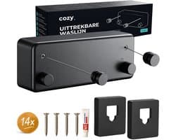 cozy.® Waslijn Uittrekbaar - Waslijndraad met stalen kern - Ook zonder boren - Wasdraad - Roldrooglijn - Drooglijn - Ruimtebesparend - 8.4 m (2x 4.2m) Drooglengte - Binnen en Buiten - Zwart
