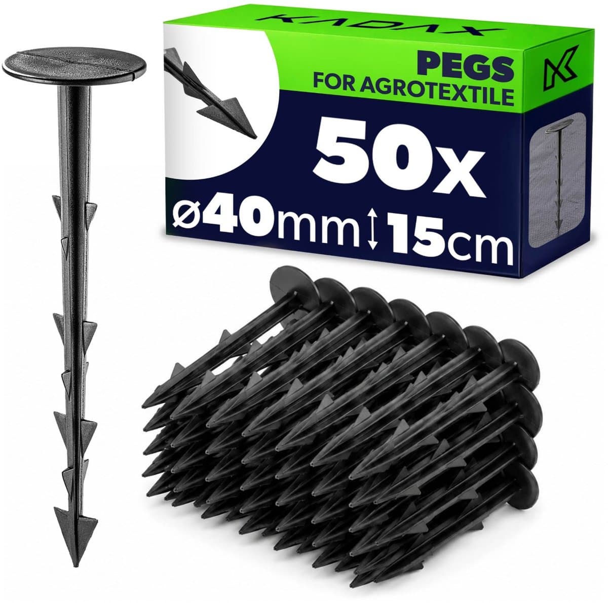 KADAX 50 stuks kunststof grondpennen – grondankers van 15 cm lang met een kopdiameter van 40 mm – grondankers voor het bevestigen van tuinvlies en onkruidvlies in de tuin — afbeelding 1