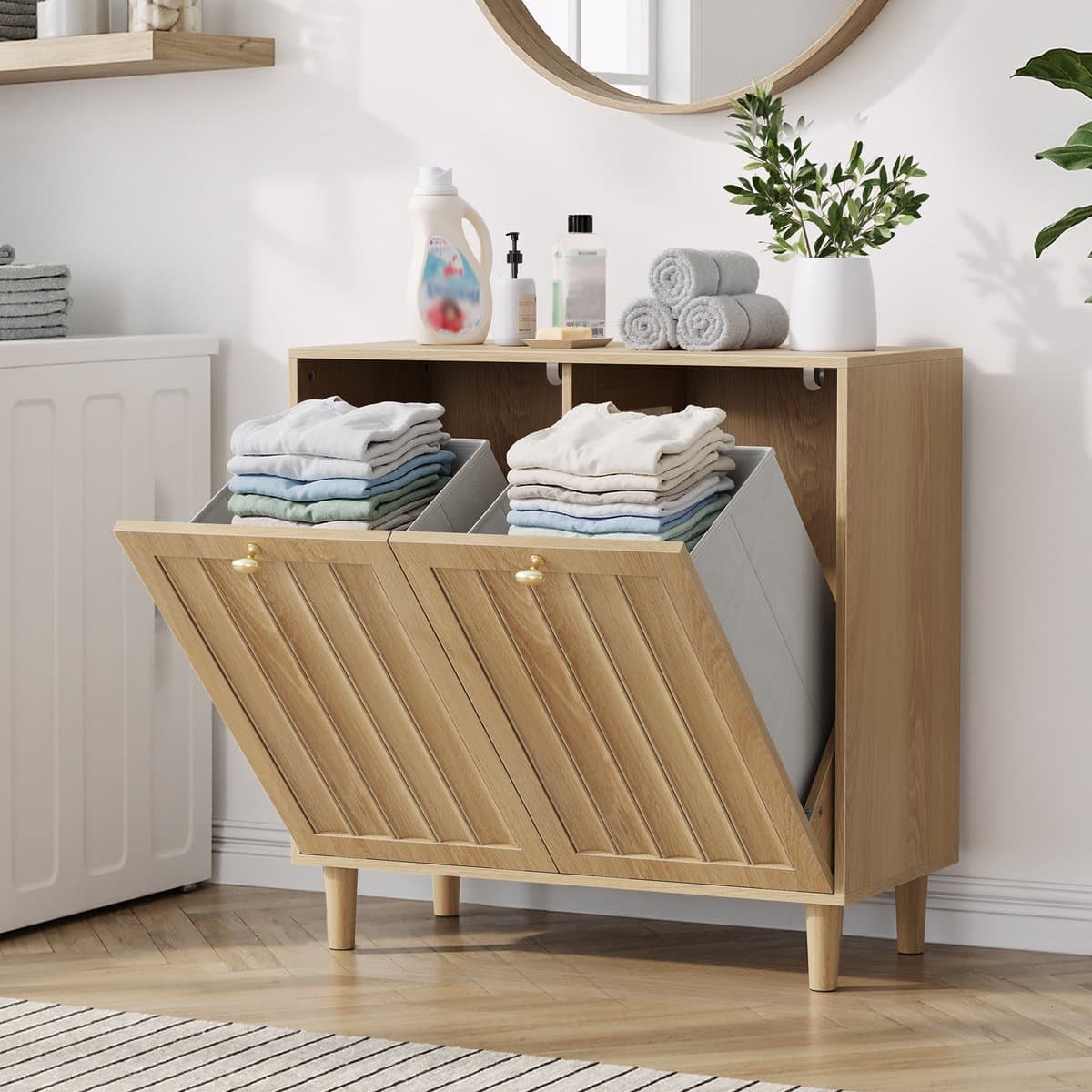 Pugsdrly Schuine wasmand met uitneembare binnenmand, badkamer-wasmand, verborgen wasmand, vrijstaand huishoudelijk rek, eikenhoutkleurig — afbeelding 1
