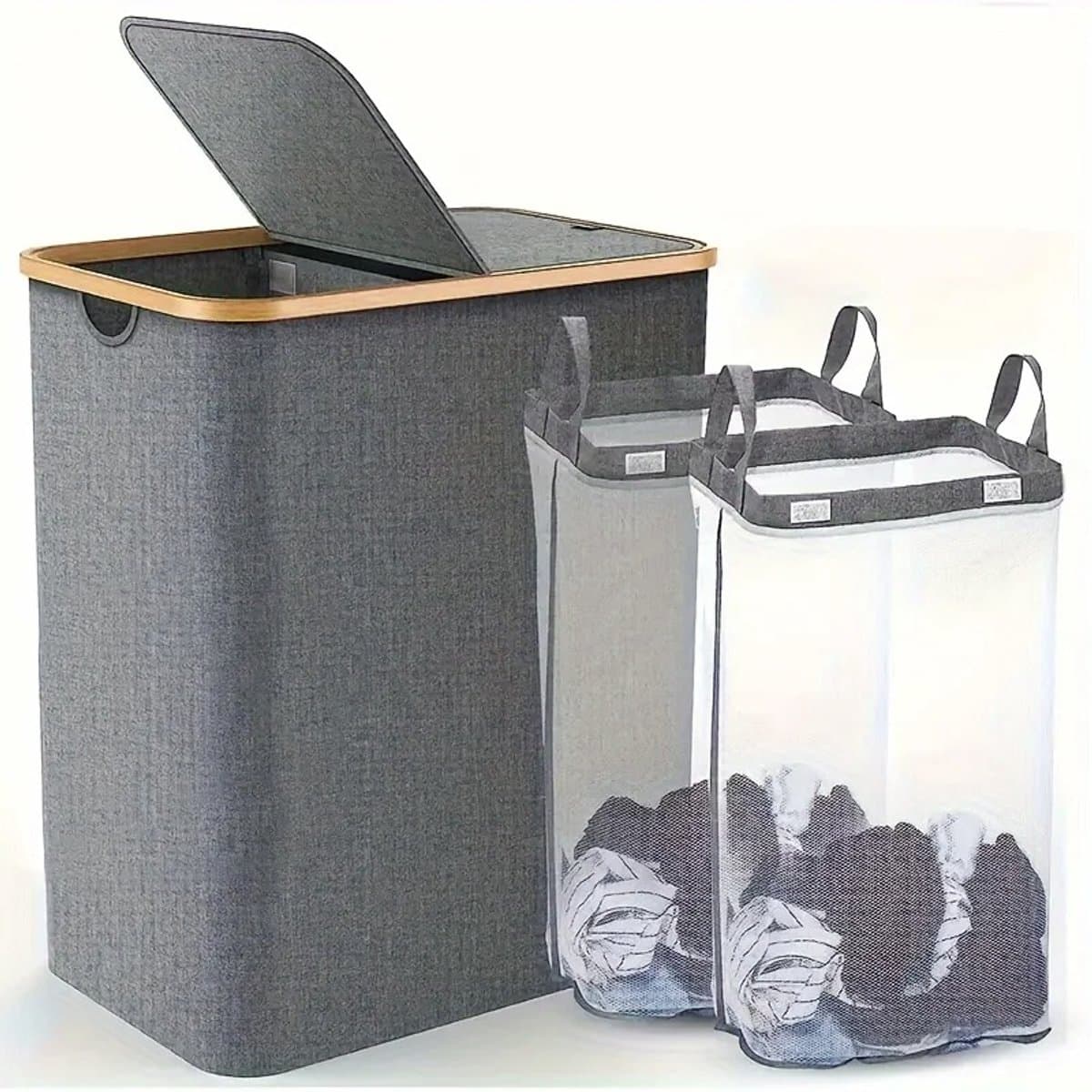 Seth Select Grote Wasmand 150 Liter – Dubbele Sorteermand – Met Bamboe Handgrepen – Grijs — afbeelding 1