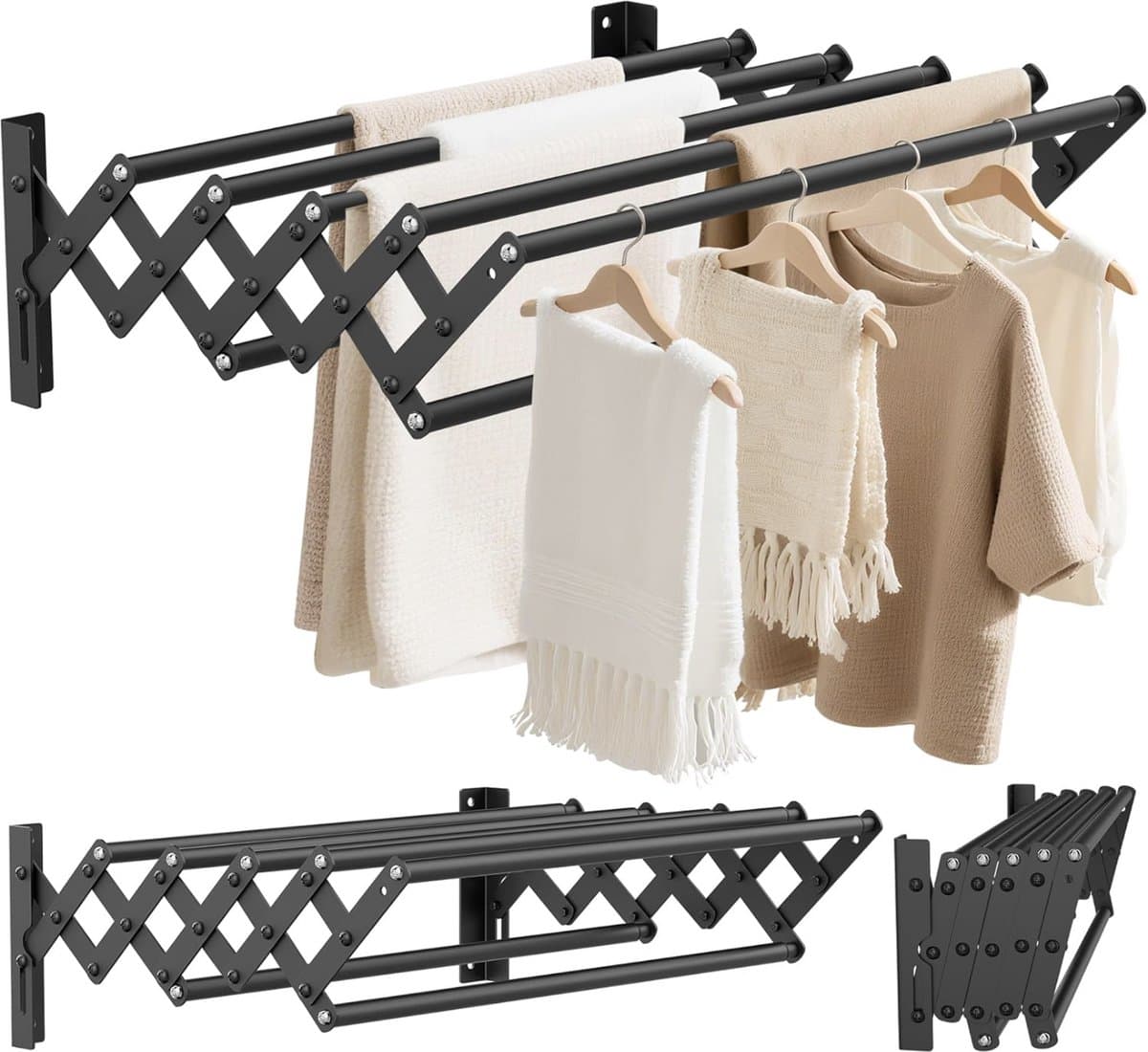 Uitschuifbaar Wand Droogrek RVS Zwart | Wanddroogrek met 7 Stangen | Telescopisch 12–36 cm | Ruimtebesparend Wasrek | Draagkracht 25 kg | Ideaal voor Badkamer, Balkon & Wasruimte — afbeelding 1