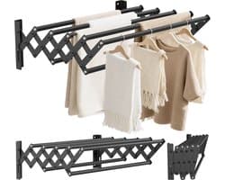 Uitschuifbaar Wand Droogrek RVS Zwart | Wanddroogrek met 7 Stangen | Telescopisch 12–36 cm | Ruimtebesparend Wasrek | Draagkracht 25 kg | Ideaal voor Badkamer, Balkon & Wasruimte